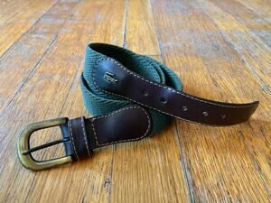 Vintage LACOSTE Green Woven Fabric Belt w/Leather Trim sz XS/S
